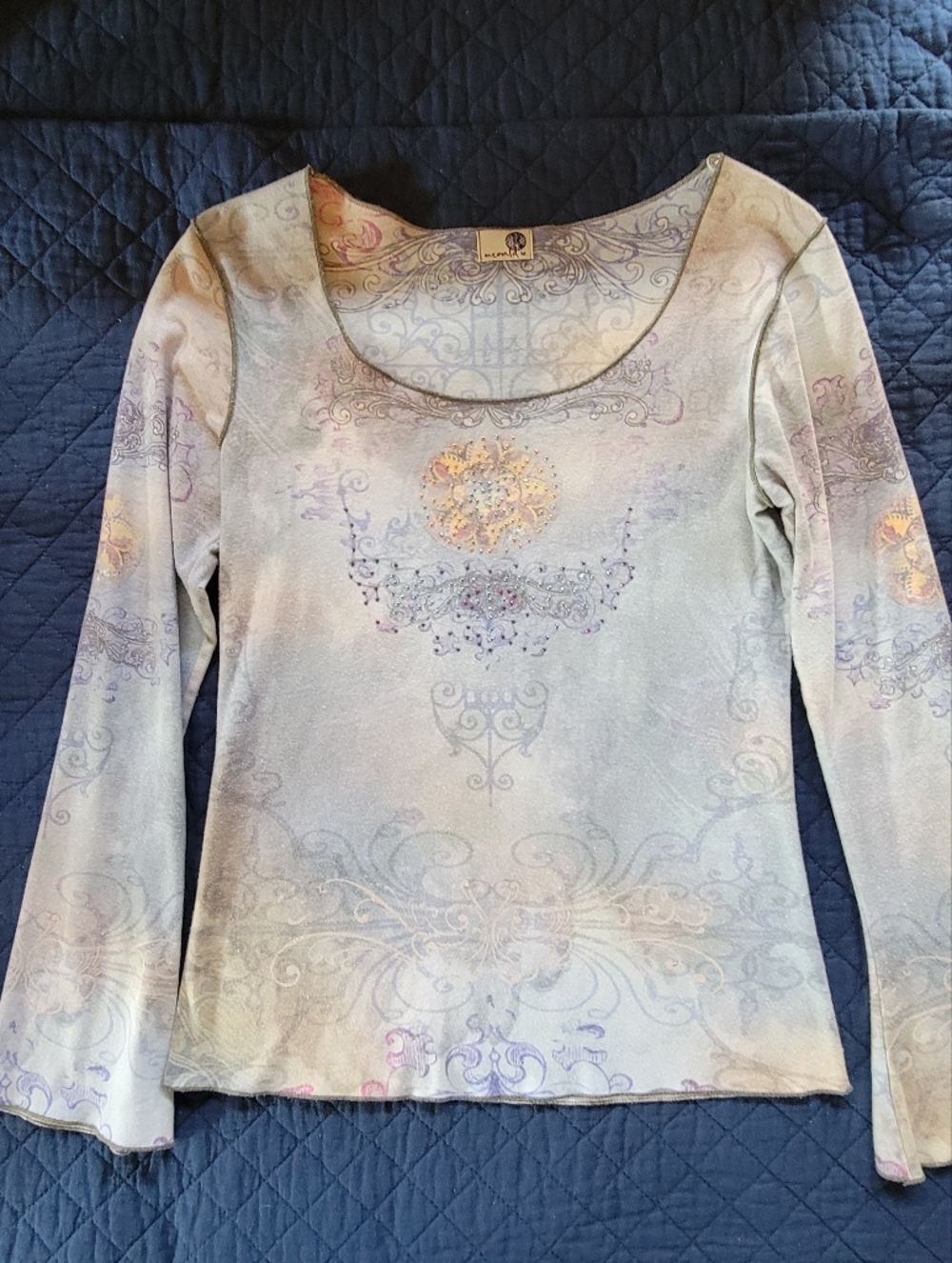 ONE WORLD Pastel Blue & Lavender Scoop-Neck Printed Long Sleeve Top